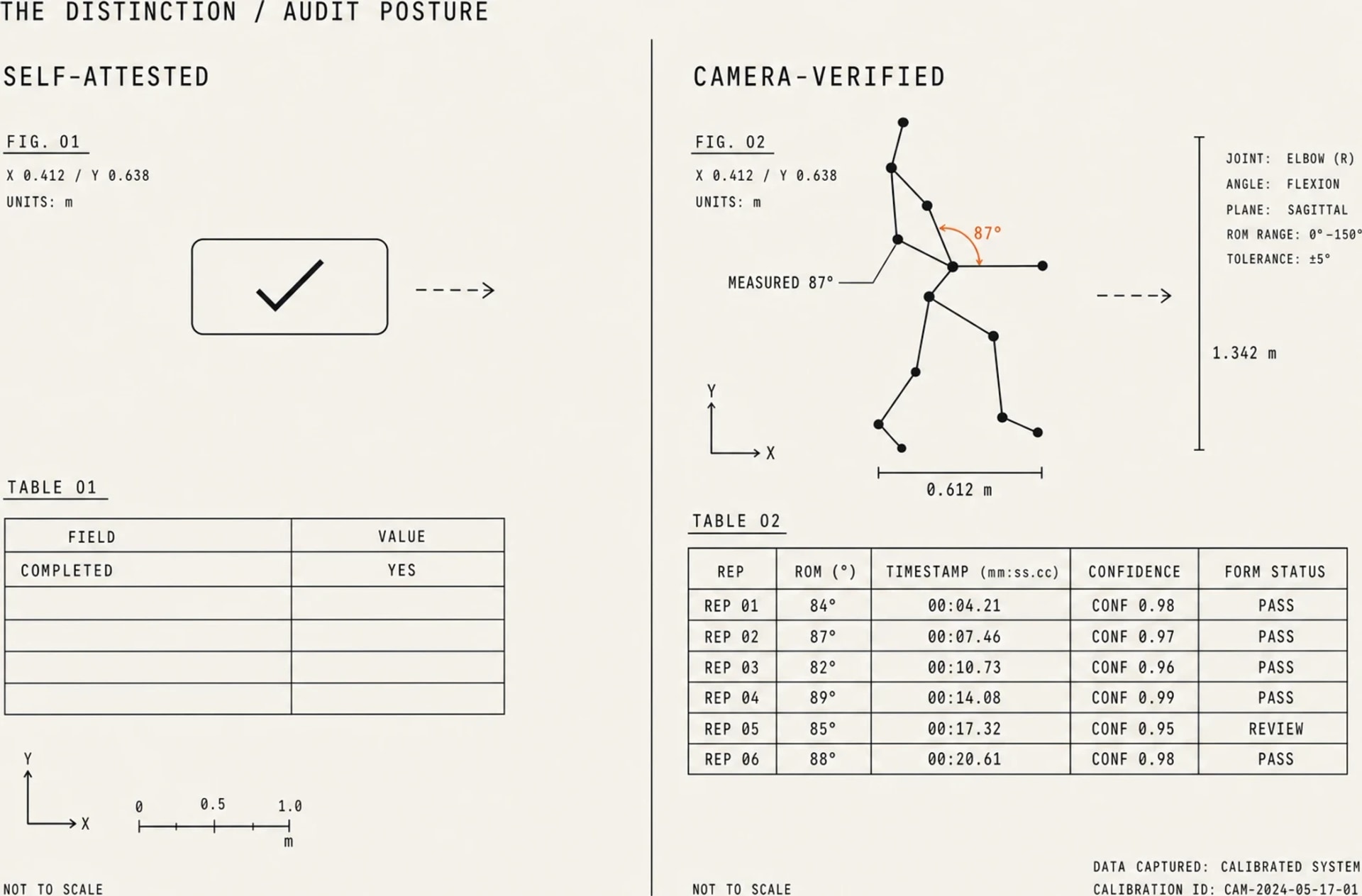 Comparison of a self-attested completion, which produces a single-row record, against a camera-verified session, which produces per-rep range of motion, timestamps, confidence values, and form status.
